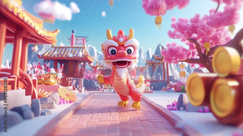 A Red Dragon Walking Toward a Pathway in a Festive Chinese Setting A Red Dragon Walking Toward a Pathway in a Festive Chinese Setting