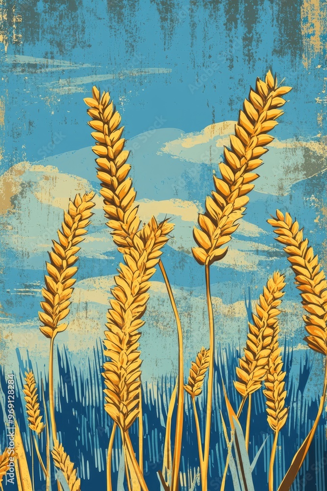 Retro coloring book illustration featuring a blue sky and yellow wheat spikelets with a patterned background Suitable for various designs and decorative purposes Retro coloring book illustration featuring a blue sky and yellow wheat spikelets with a patterned background Suitable for various designs and decorative purposes