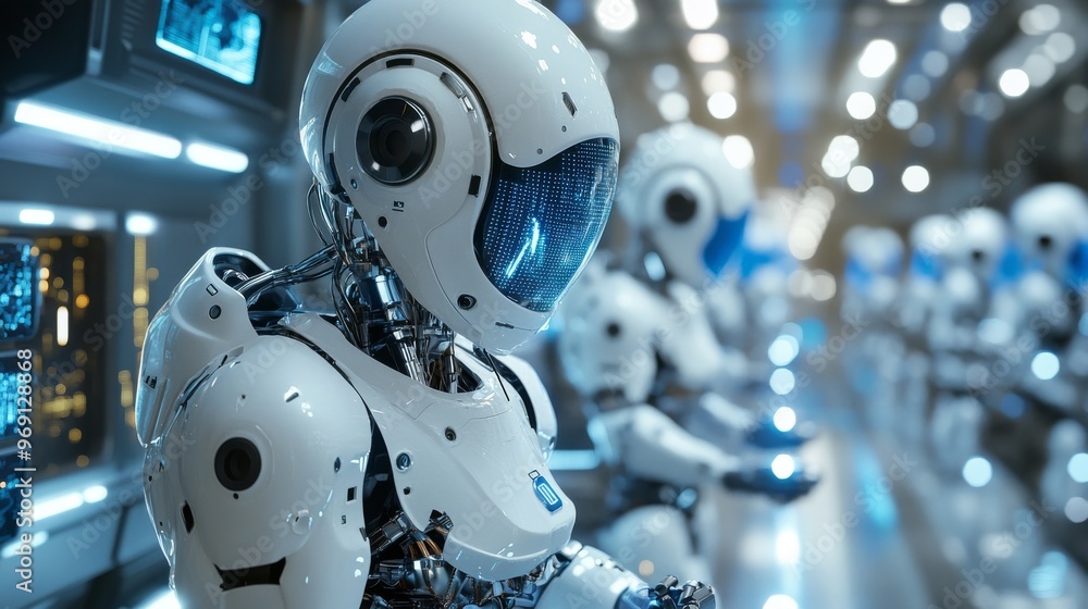 Autonomous robots building a space station in orbit: Robots assembling parts of a futuristic space station. Autonomous robots building a space station in orbit: Robots assembling parts of a futuristic space station.