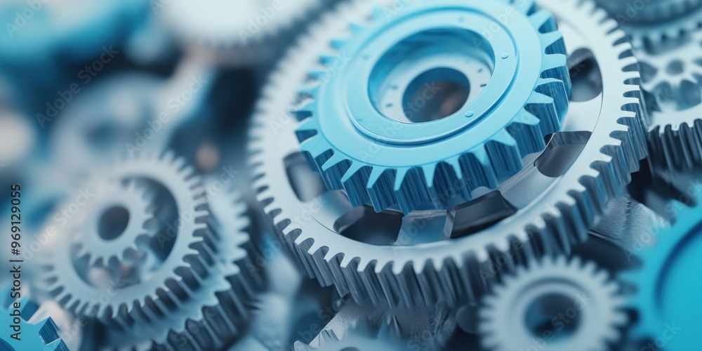 Interlocking Blue Cogs in Close-Up Interlocking Blue Cogs in Close-Up