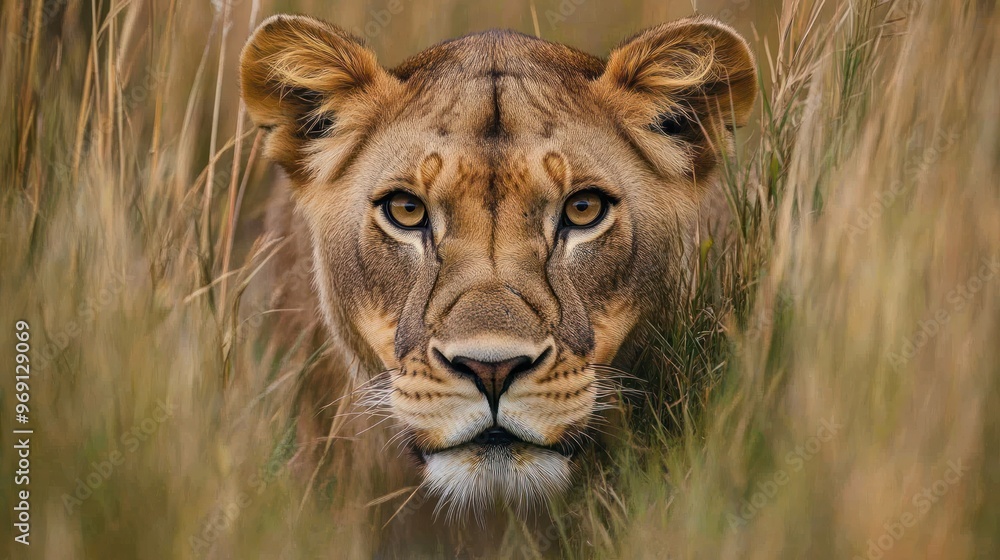 A close-up of a lioness in tall grass, showcasing her intense gaze and natural habitat. A close-up of a lioness in tall grass, showcasing her intense gaze and natural habitat.
