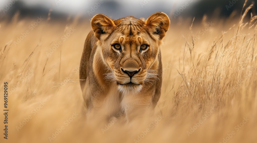 Fototapeta premium A lioness walking through tall grass, showcasing its majestic presence in the wild.