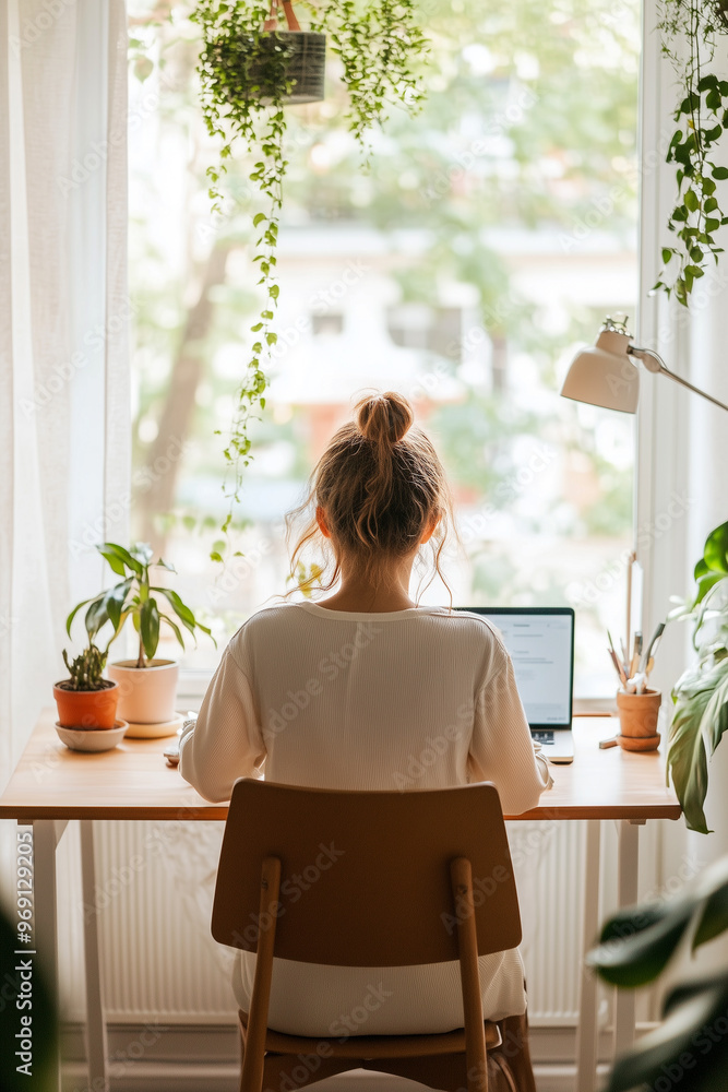 A woman sits at a desk with a laptop and a potted plant in front of her A woman sits at a desk with a laptop and a potted plant in front of her