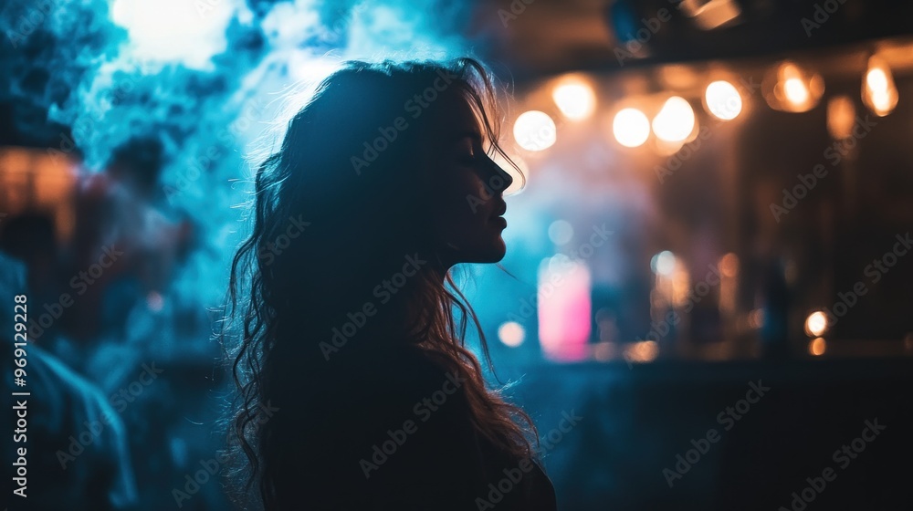 Silhouette of a woman amidst smoke and soft lighting in a nightlife setting. Silhouette of a woman amidst smoke and soft lighting in a nightlife setting.