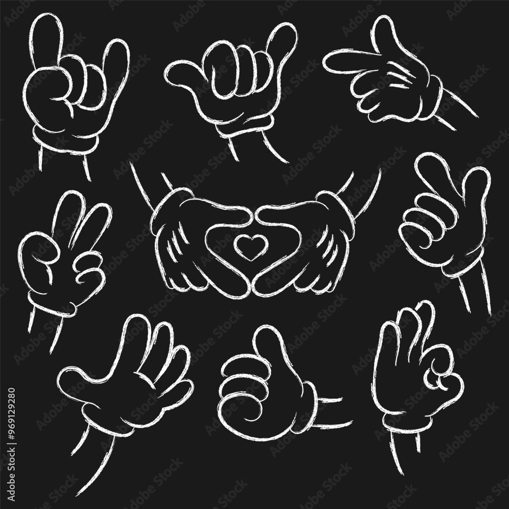 Comic hands in gloves gesticulate showing different finger gestures, ok sign, heart shape, like, high five, . Hand drawn chalk doodles mascot hand drawings. Vintage retro cartoon hand gestures. Vector Comic hands in gloves gesticulate showing different finger gestures, ok sign, heart shape, like, high five, . Hand drawn chalk doodles mascot hand drawings. Vintage retro cartoon hand gestures. Vector