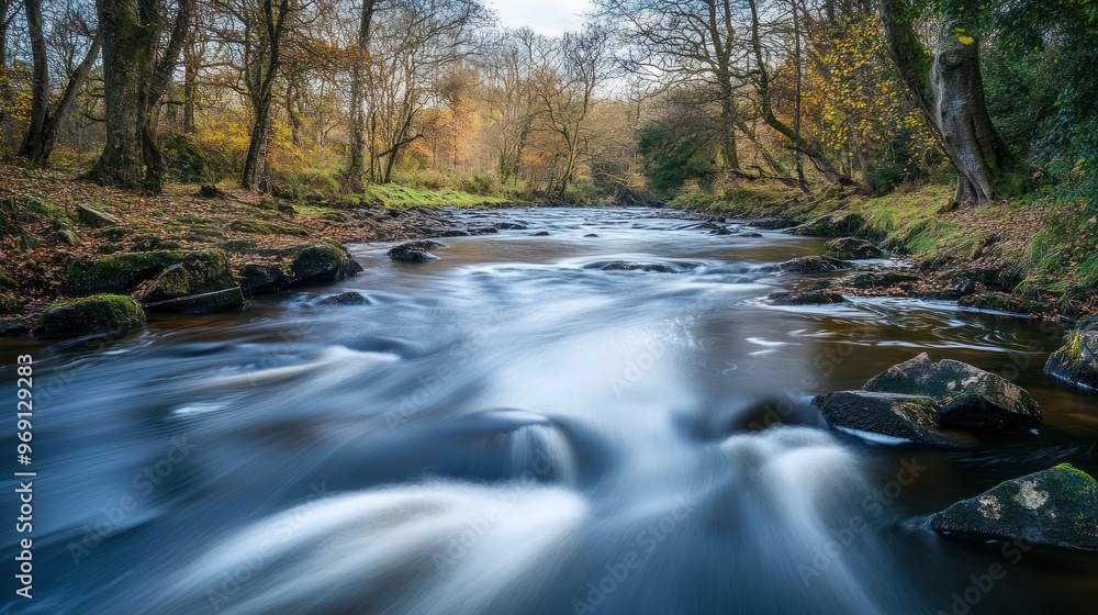 A serene river flowing through a forested landscape with autumn foliage. A serene river flowing through a forested landscape with autumn foliage.