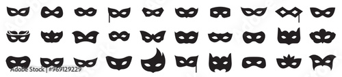 Black mask big icon set. Mask superhero carnival. Different masks silhouette. Black masquerade costume eye mask. Vector illustration.