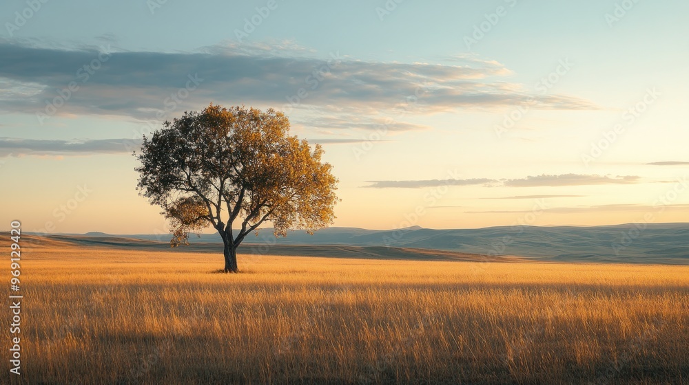 A solitary tree stands in a golden field under a serene sky at sunset. A solitary tree stands in a golden field under a serene sky at sunset.