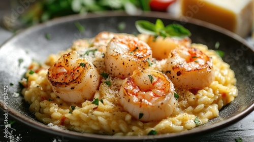 A beautifully plated seafood risotto with tender scallops, shrimp, and saffron, garnished with fresh herbs and a sprinkle of grated Parmesan cheese.