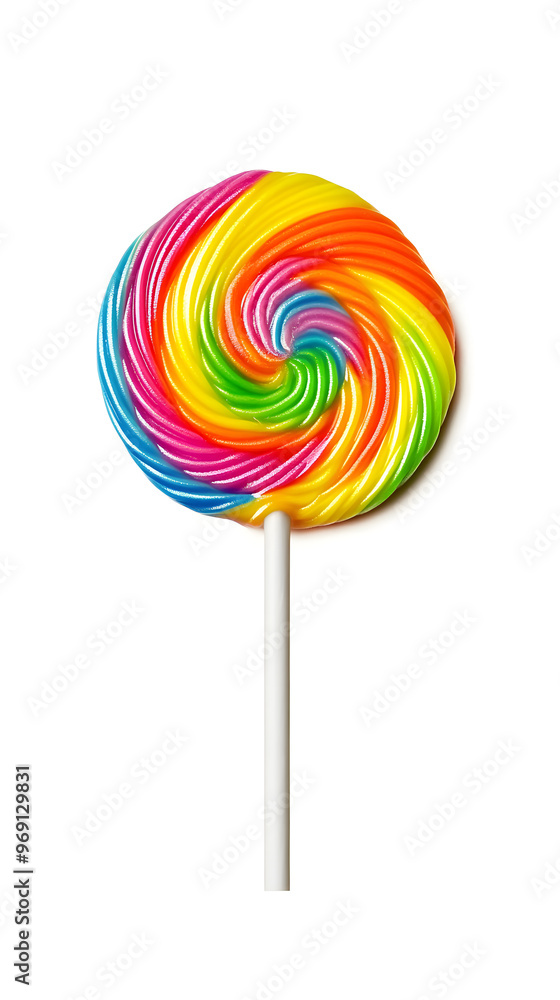 Lollipop with spiral rainbow colors, twisted sucker candy on stick isolated on white background Lollipop with spiral rainbow colors, twisted sucker candy on stick isolated on white background