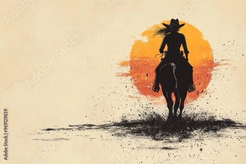 Cowgirl Riding Horse Towards a Sunset photo