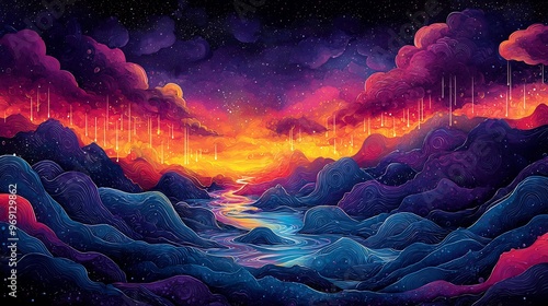 Semiabstract illustration of the water cycle with neon clouds rain and rivers flowing in vibrant patterns symbolizing the interconnectedness of Earth's processes photo