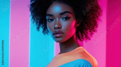 A portrait of a woman with vibrant lighting, showcasing beauty and fashion.