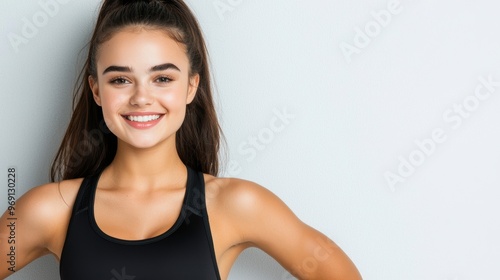 A relaxed European fitness model, smiling brightly, dressed in athletic gear with long hair styled, hands on hips, isolated on white background