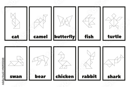 Tangram puzzle for children. Tangram line icons isolated. A set of educational tangram cards with 
animals. Black and white geometric collection.

