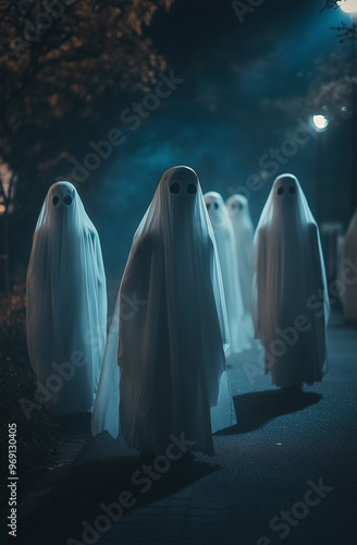 white sheet ghosts dressed in are floating in a room