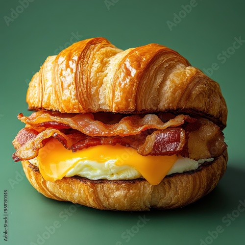 A delicious croissant sandwich filled with bacon and cheese, perfect for breakfast.