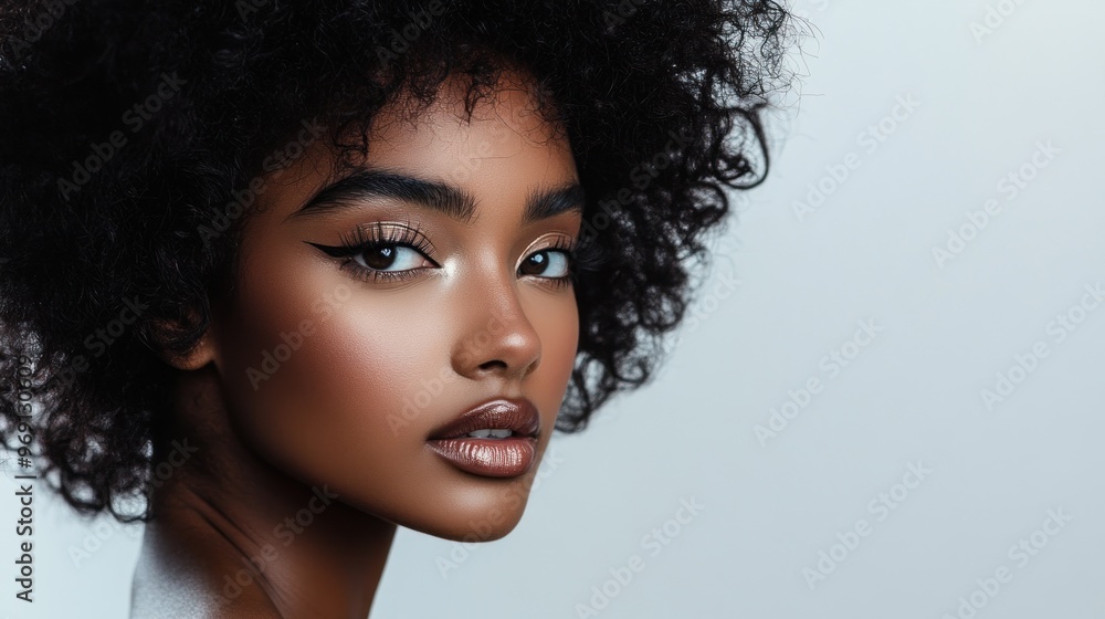 A close-up portrait of a woman with curly hair and striking makeup against a soft background. A close-up portrait of a woman with curly hair and striking makeup against a soft background.