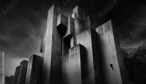 A black-and-white Neo-Brutalist collage with imposing, fortress-like structures photo