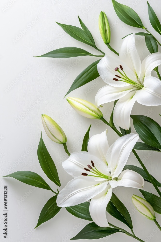 A calming, monochromatic collage featuring soft, white lilies and pale greenery A calming, monochromatic collage featuring soft, white lilies and pale greenery