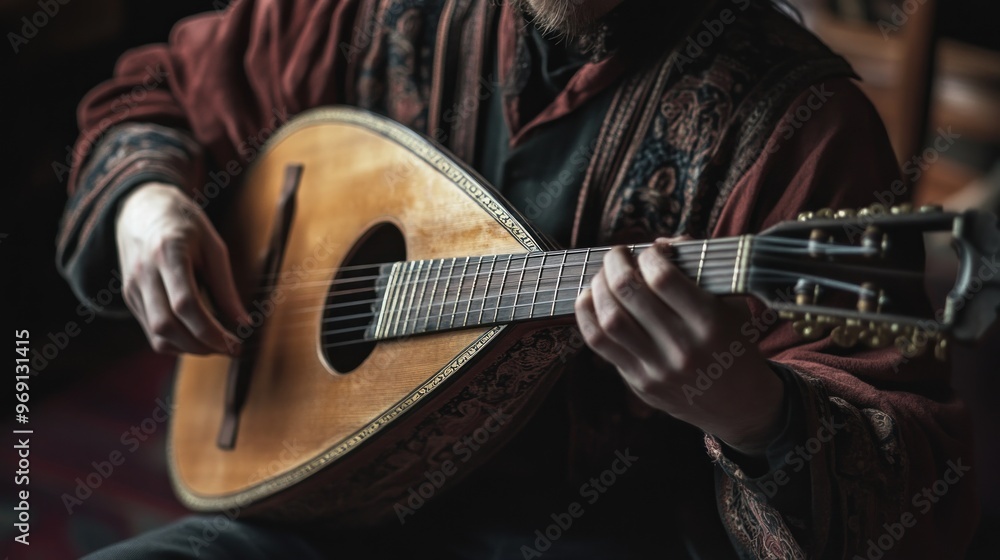 Obraz premium A person playing a traditional string instrument in a cozy setting.