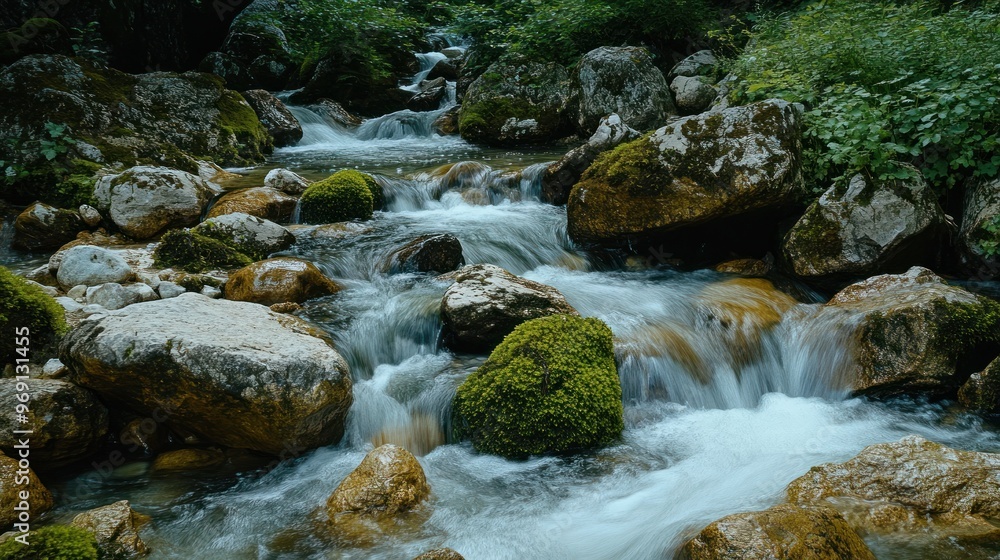 A serene stream flows over moss-covered rocks in a lush, green environment. A serene stream flows over moss-covered rocks in a lush, green environment.