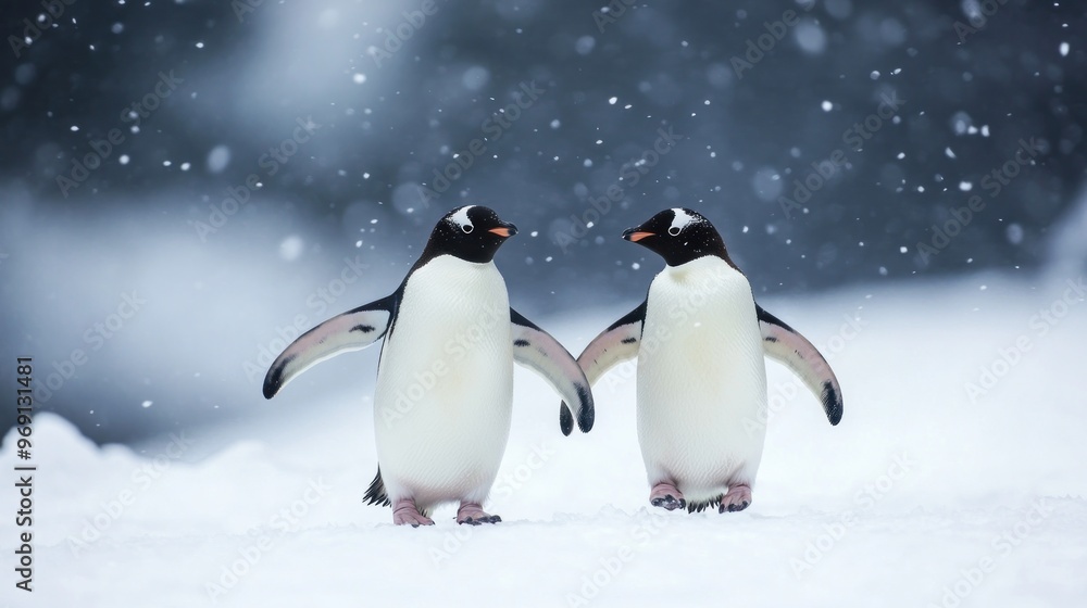 Two penguins standing together in a snowy landscape during a snowfall. Two penguins standing together in a snowy landscape during a snowfall.