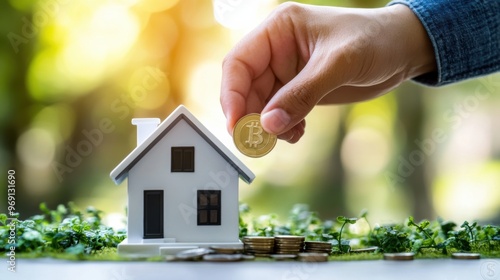 A man pays for a model house with a coin to symbolize investment and financial growth outdoors