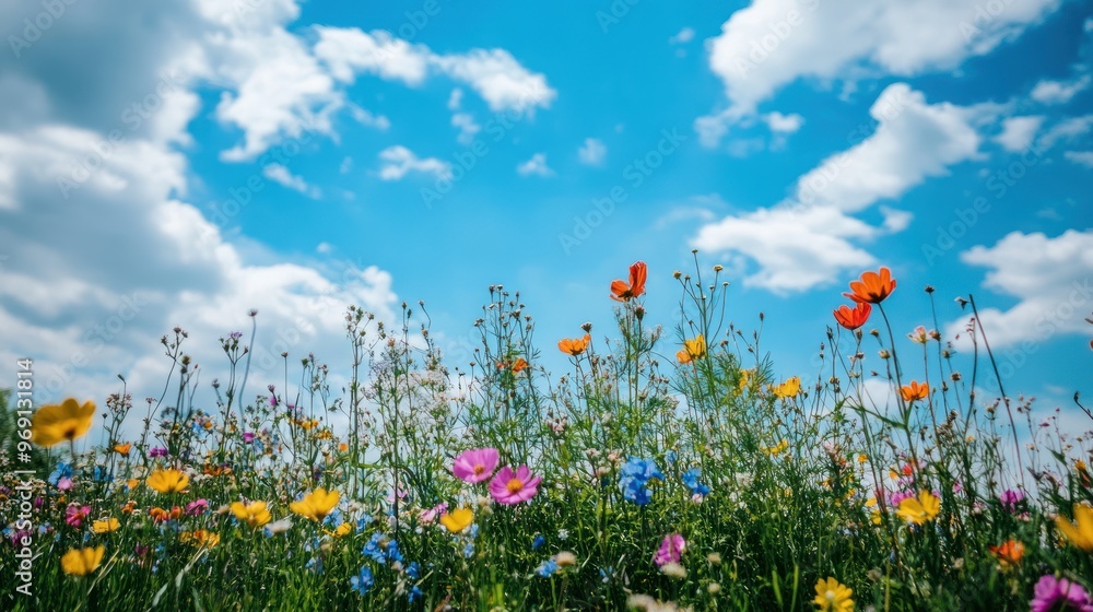 A vibrant wildflower meadow under a bright blue sky with fluffy clouds. A vibrant wildflower meadow under a bright blue sky with fluffy clouds.