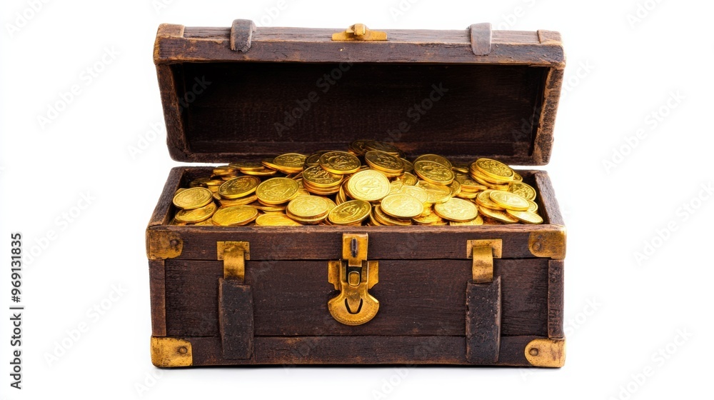 Treasure chest overflowing with gold coins captured in a captivating still life Treasure chest overflowing with gold coins captured in a captivating still life