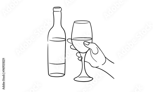 Continuous line champagne cheers, continuous drawing contour. Hand toasting with wine glasses with drinks. Cheers toast festive decoration for holidays. Vector illustration	
