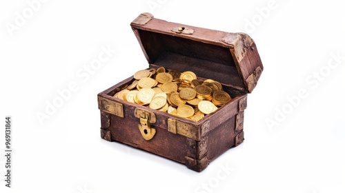 Open treasure chest overflowing with golden coins in an adventure setting, ready for exploration