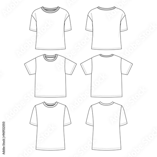 White basic t-shirt flat sketch template. Front and back view of shirt mock up.