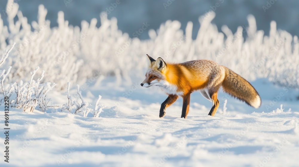 A red fox walking gracefully through a snowy landscape with frosted vegetation. A red fox walking gracefully through a snowy landscape with frosted vegetation.