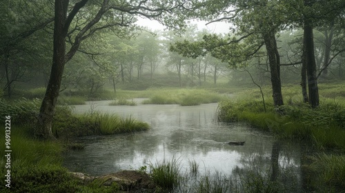 Wallpaper Mural A serene misty landscape with a calm pond surrounded by lush greenery and trees. Torontodigital.ca