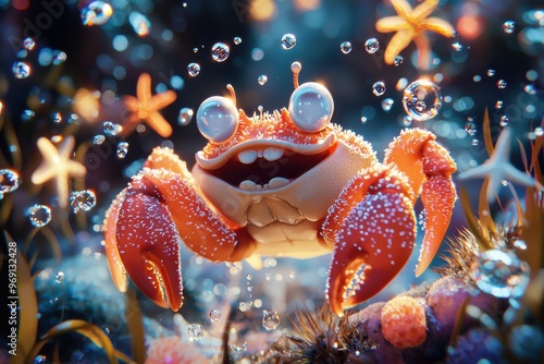 Whimsical underwater scene with colorful crab surrounded by bubbles and starfish