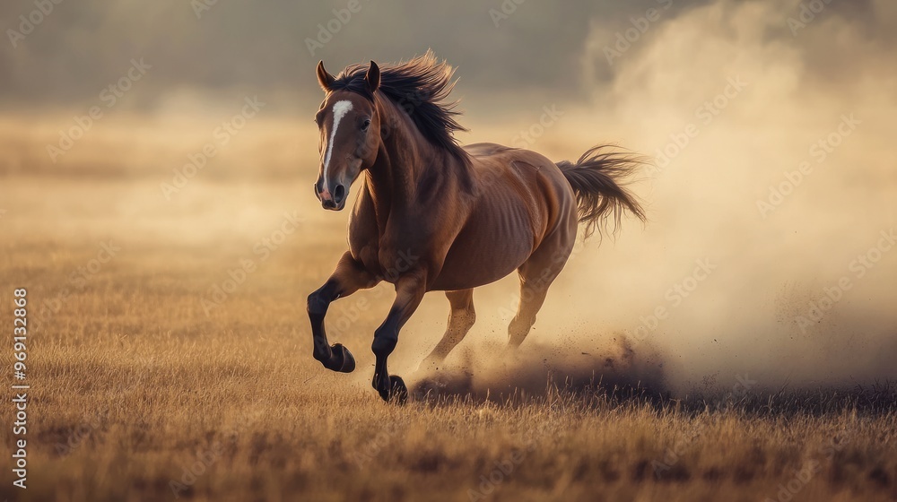 A horse galloping through a dusty field at sunset, showcasing speed and freedom. A horse galloping through a dusty field at sunset, showcasing speed and freedom.