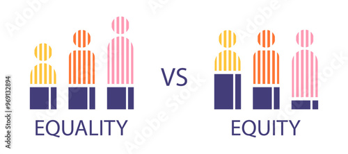 Equity vs. Equality concept. Abstract people on different starting positions to reach an equal outcome. Vector illustration