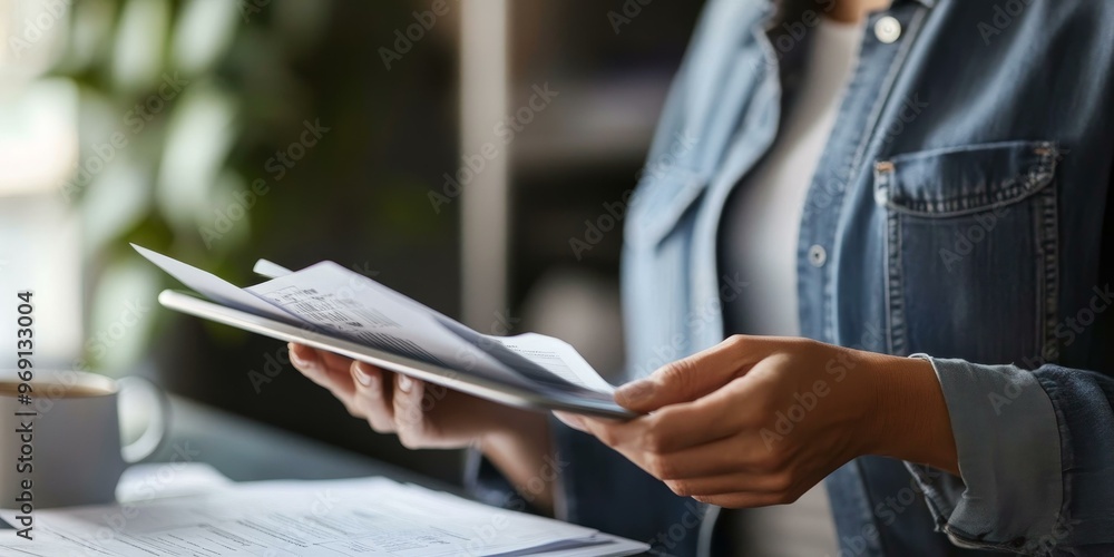 Fototapeta premium Person holding papers and a tablet.