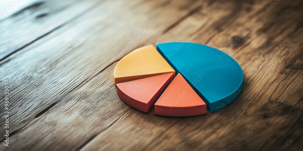 A colorful pie chart on a wooden table. A colorful pie chart on a wooden table.