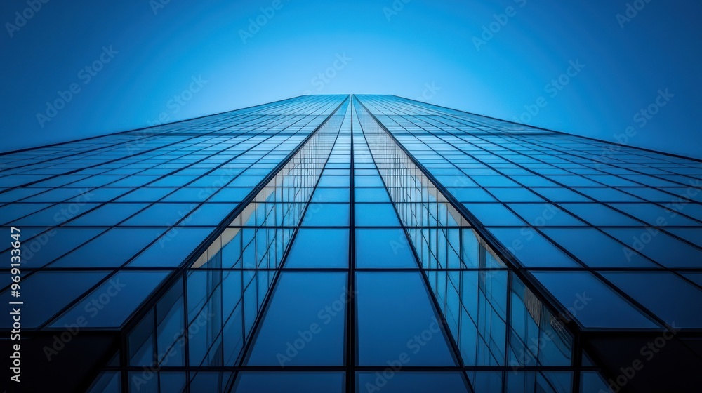 A modern skyscraper viewed from below, showcasing its glass facade against a blue sky. A modern skyscraper viewed from below, showcasing its glass facade against a blue sky.