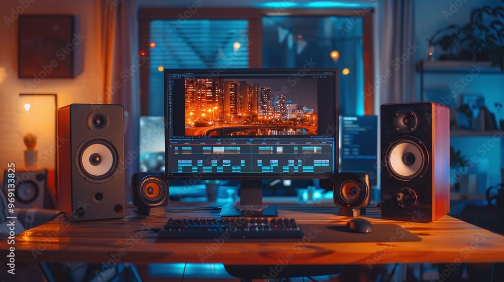 closeup of video editing software displayed on a large PC monitor in a home office setting, highlighting the keyboard and speakers on a wooden desk at night closeup of video editing software displayed on a large PC monitor in a home office setting, highlighting the keyboard and speakers on a wooden desk at night