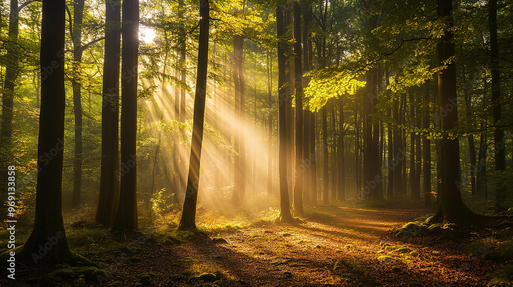 Obraz premium Magical sunbeams shining through a dense forest, creating a stunning Tyndall effect with mist swirling in the air and illuminating the woodland floor.