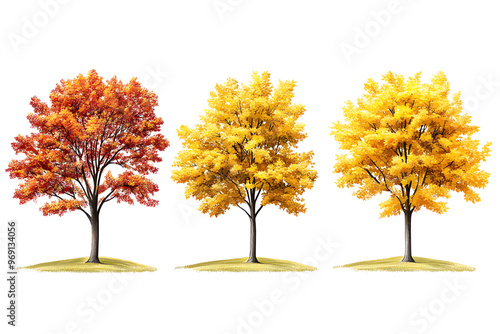 Yellow trees set isolated on white background