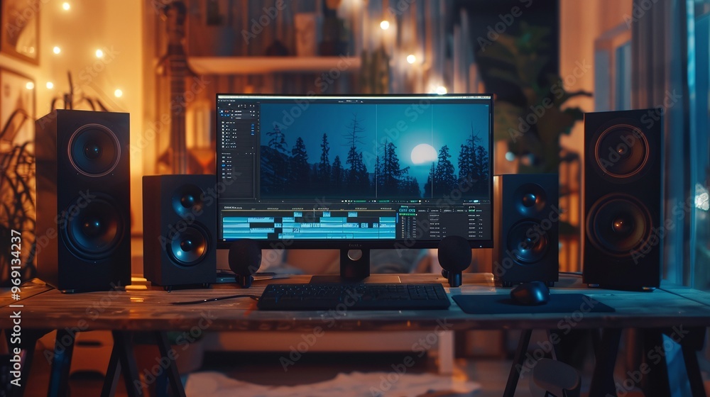 closeup of video editing software displayed on a large PC monitor in a home office setting, highlighting the keyboard and speakers on a wooden desk at night closeup of video editing software displayed on a large PC monitor in a home office setting, highlighting the keyboard and speakers on a wooden desk at night