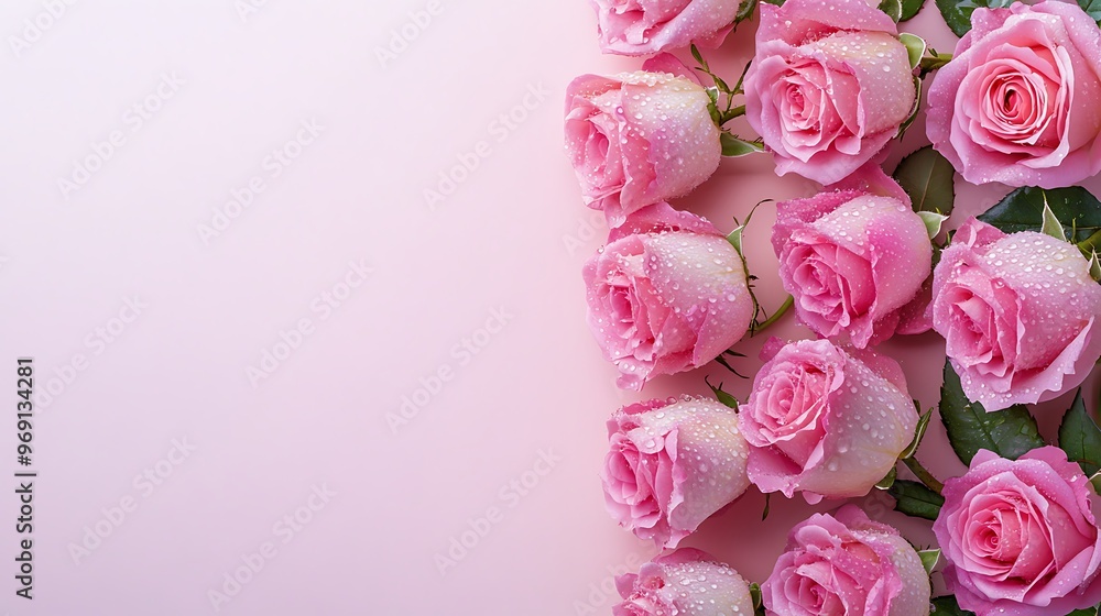 Top view of delicate pink roses with dewdrops forming a border on one side of a pastel background, ideal for branding or elegant messaging. Top view of delicate pink roses with dewdrops forming a border on one side of a pastel background, ideal for branding or elegant messaging.