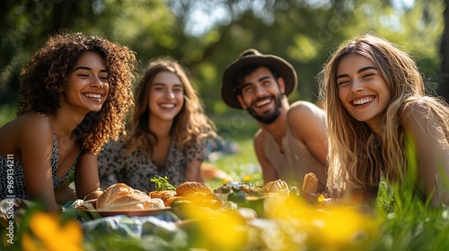 Fototapeta Naklejka Na Ścianę i Meble -  A diverse group of friends laughing together at a picnic in the park