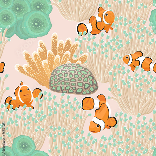 Рыба-клоун и морские анемоны, грибы Discosoma, Favites flexuosa, векторный бесшовный узор.
