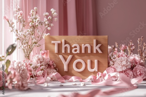 Wooden 'Thank You' sign surrounded by pink flowers and petals on table