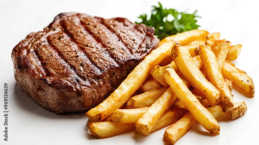 A classic steak and fries meal, featuring a juicy steak with crispy golden fries, all presented against a clean white background. A classic steak and fries meal, featuring a juicy steak with crispy golden fries, all presented against a clean white background.